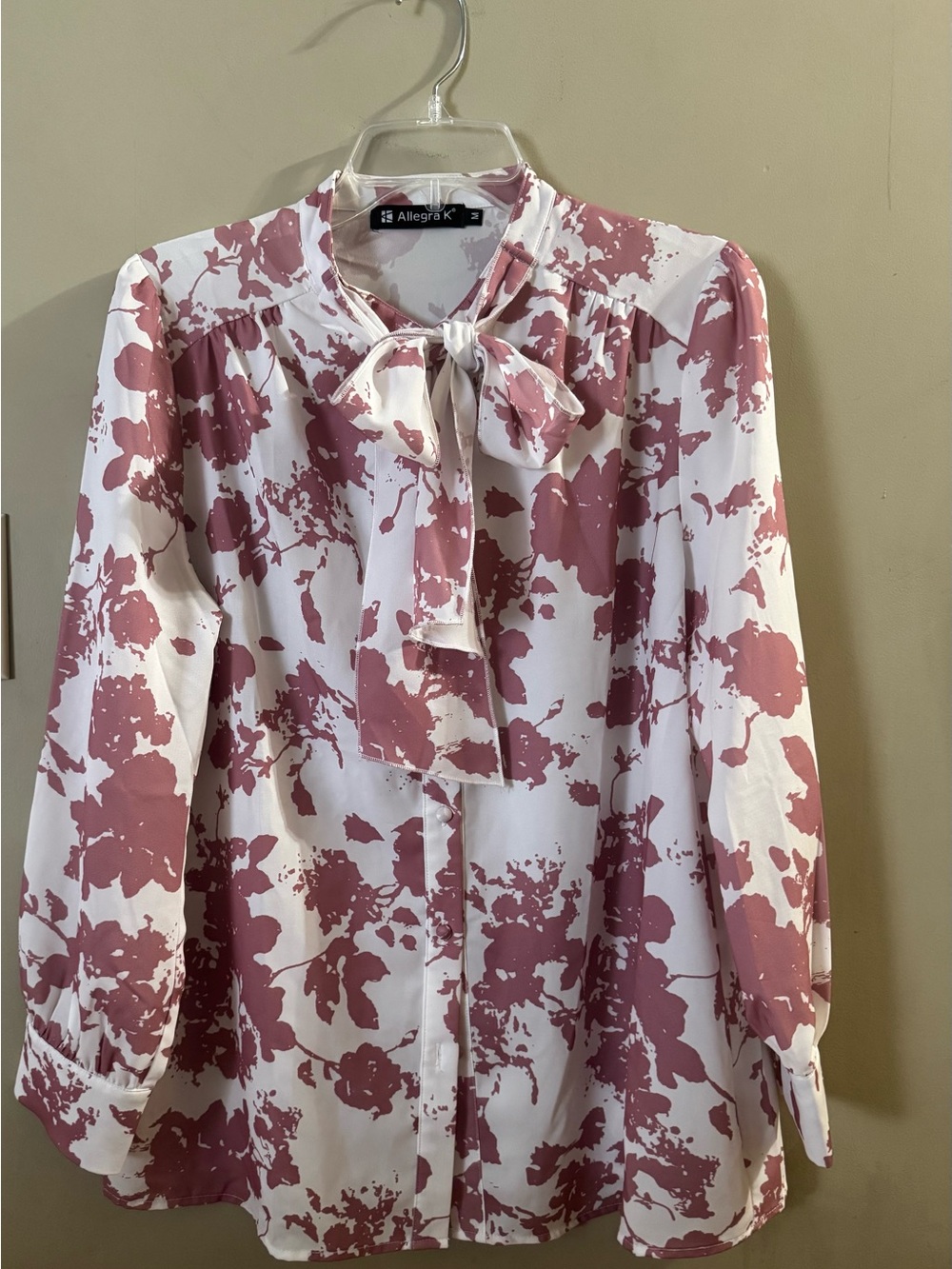 Allegra K Floral Tie-Neck Button Down Blouse Mauve White Medium EUC Worn 2x